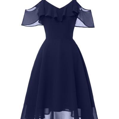  Women Casual Chiffon Dress Ruffles Spaghetti Strap Off the Shoulder Sleeveless A Line Formal Party Dress navy blue