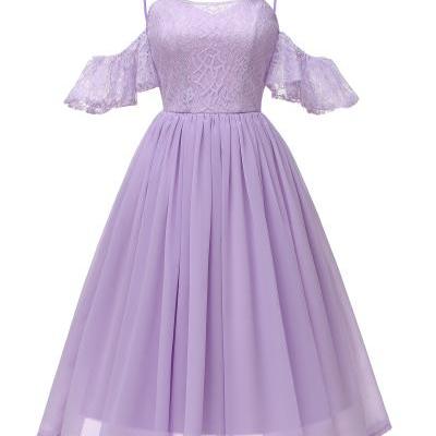 Women Casual Dress Spaghetti Strap Off Shoulder Ruffles Sleeve Lace A Line Formal Party Dress lilac