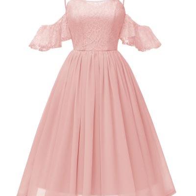 Women Casual Dress Spaghetti Strap Off Shoulder Ruffles Sleeve Lace A Line Formal Party Dress pink