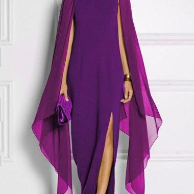 Women Chiffon Maxi Dress Batwing Sleeve Side Split Casual Slim Long Evening Party Gown purple