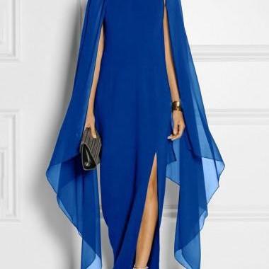 Women Chiffon Maxi Dress Batwing Sleeve Side Split Casual Slim Long Evening Party Gown royal blue