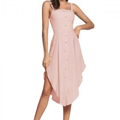 Women Asymmetrical Dress Spaghetti Strap Sleeveless Summer Casual Button Boho Holiday Beach Sundress pink