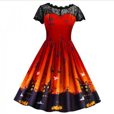  Women Printed A Line Dress Vintage Lace Short Sleeve Swing Evening Party Halloween Costume orange