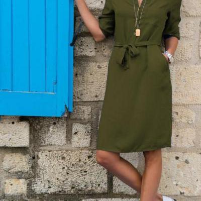 Women Shirt Dress Turn Down Collar 3/4 Sleeve Bow Belted Straight Casual Work Office Dress army green