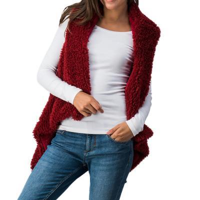  Women Fleece Waistcoat Autumn Winter Warm Open Stitch Asymmetrical Casual Sleeveless Vest Coat Outwear crimson