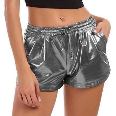 Women Metallic Shorts Shiny Drawstring High Waist Night Club Dancing Causal Shorts gray