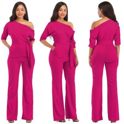  Women Jumpsuit Off the Shoulder Half Sleeve Plus Size Belted Wide Leg Rompers Overalls hot pink