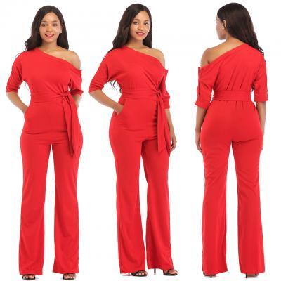  Women Jumpsuit Off the Shoulder Half Sleeve Plus Size Belted Wide Leg Rompers Overalls red