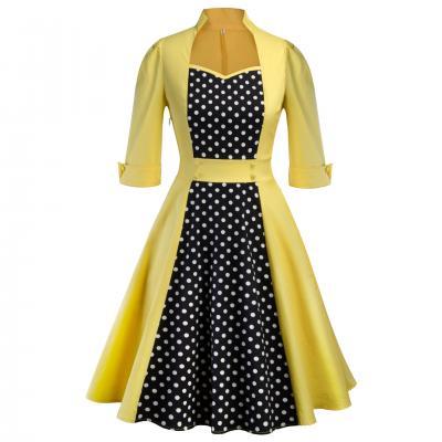  Women Polka Dot Printed Dress Vintage 50 60s 3/4 Sleeve Patchwork Casual Rockabilly A Line Party Dress yellow
