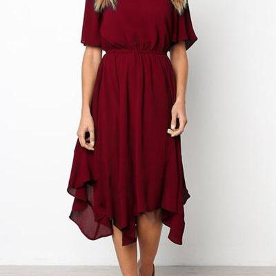 Women Asymmetrical Dress Summer Short Sleeve Elastic Waist Streetwear Casual Dress crimson