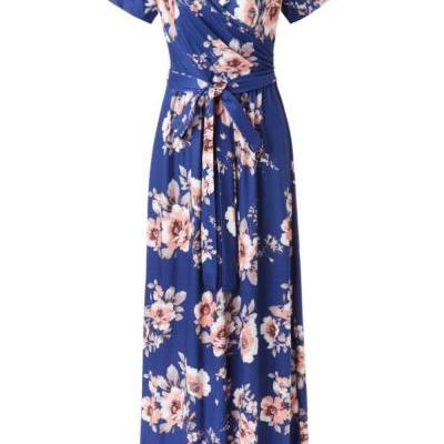 Women Floral Printed Maxi Dress V Neck Short Sleeve Summer Beach Boho Casual Long Dress 3#