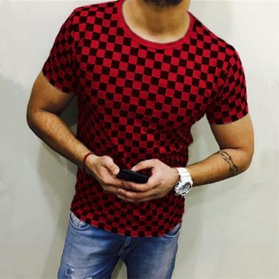 Men Plaid T Shirt O Neck Short Sleeves Summer Plus Size Casual Slim Fit T Shirt red