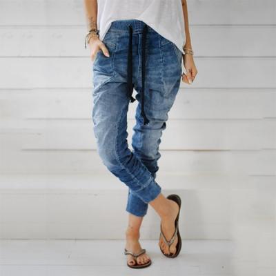 Women Jeans Drawstring Elastic Waist Casual Ankle-Length Female Long Denim Harem Pants light blue