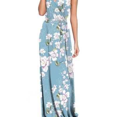 Women Floral Printed Maxi Dress V Neck Sleeveless Summer Beach Boho Casual Long Party Dress 6#