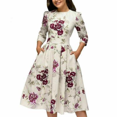 Autumn Spring Vintage Women Retro Tunic Long Sleeved Print Floral A-Line Dresses white