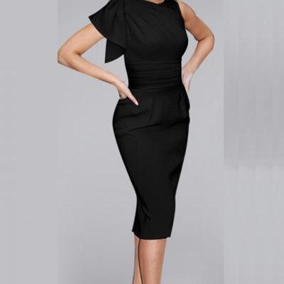 Elegant Ruffle Sleeve Knee length Work Office Casual Slim Wiggle Pencil Sheath Bodycon Women Dress black Color