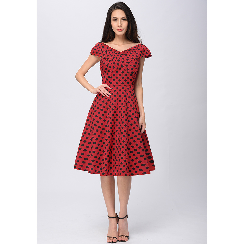 Womens Retro V-Neck Polka Dot Dress Vintage Cap Sleeve 50s Pin Up Rockabilly Swing Casual Dress red Color