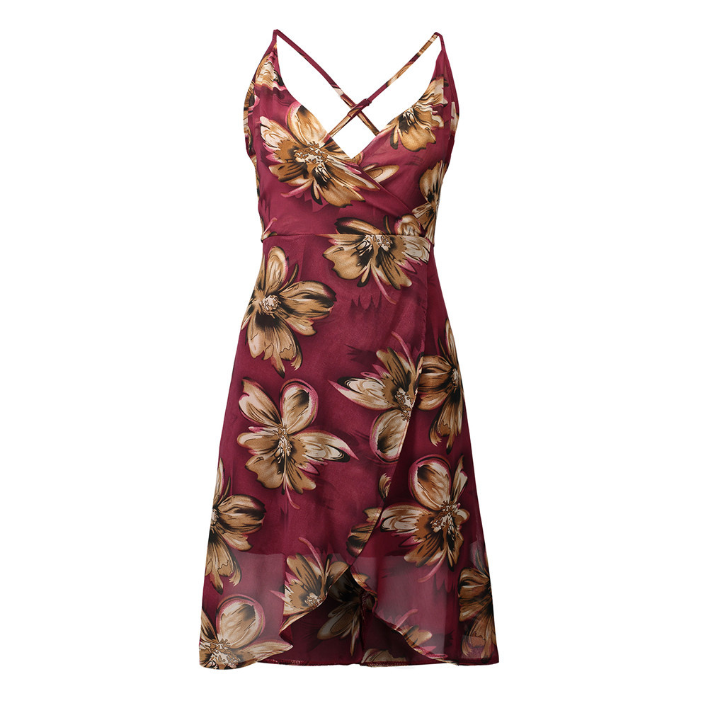 Red Floral Print Plunge V Spaghetti Straps Short Wrap Dress Featuring Criss-Cross Open Back