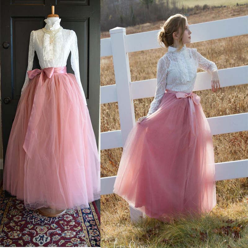 6 Layers Tulle Skirt Summer Maxi Long Muslim Skirt Womens Elastic Waist Lolita Tutu Skirts blush