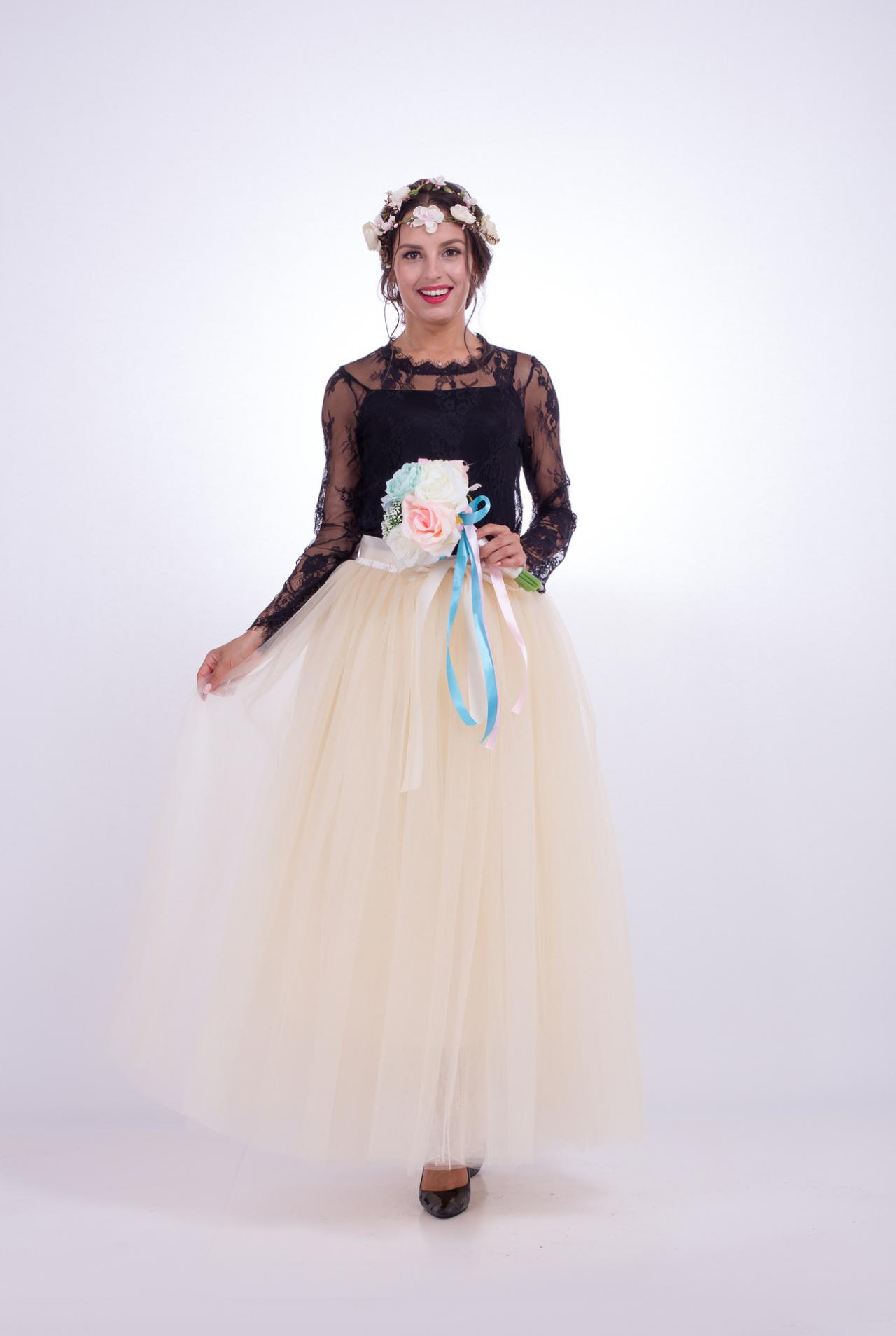 6 Layers Tulle Skirt Summer Maxi Long Muslim Skirt Womens Elastic Waist Lolita Tutu Skirts cream