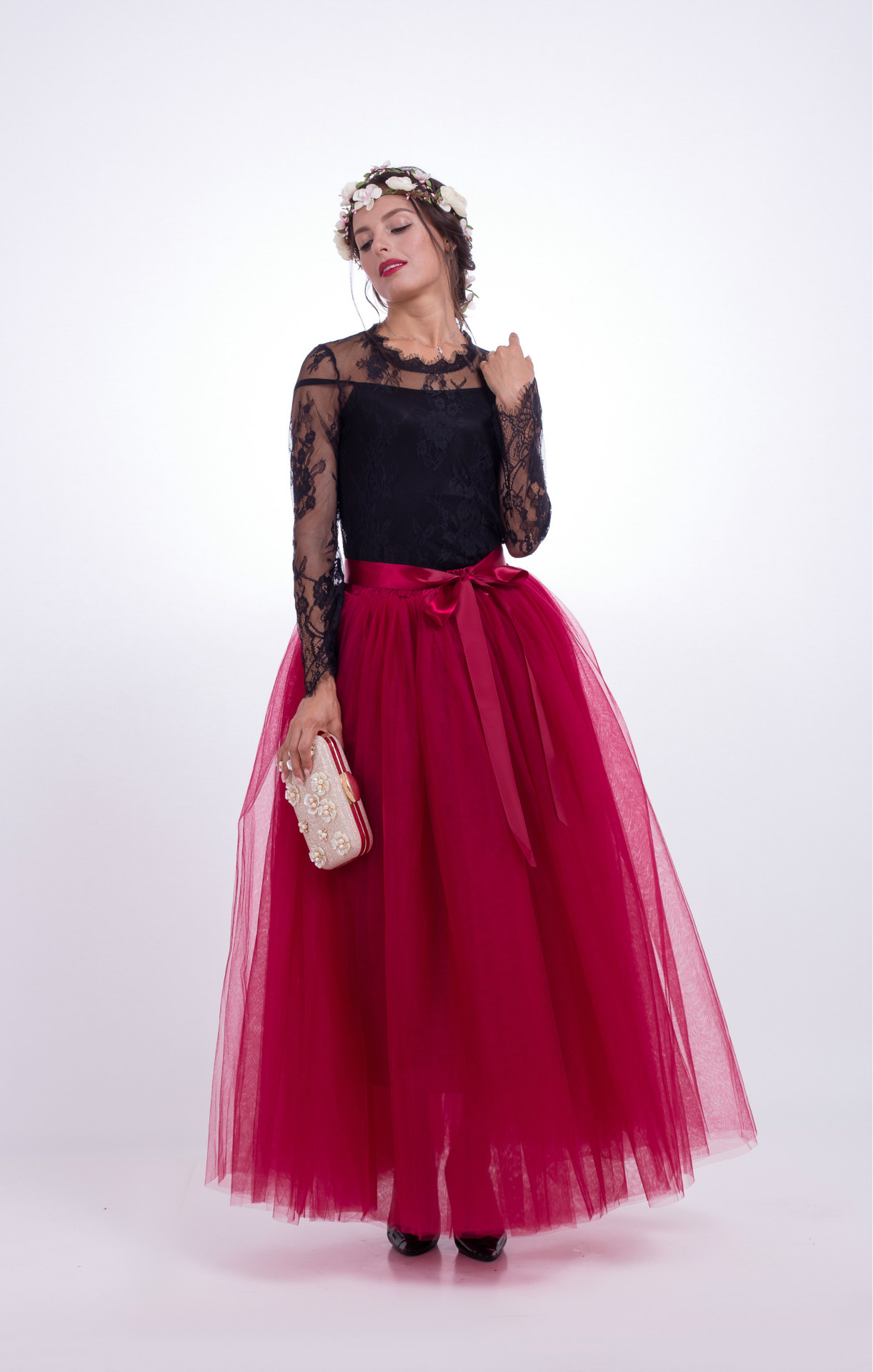 burgundy tulle maxi skirt