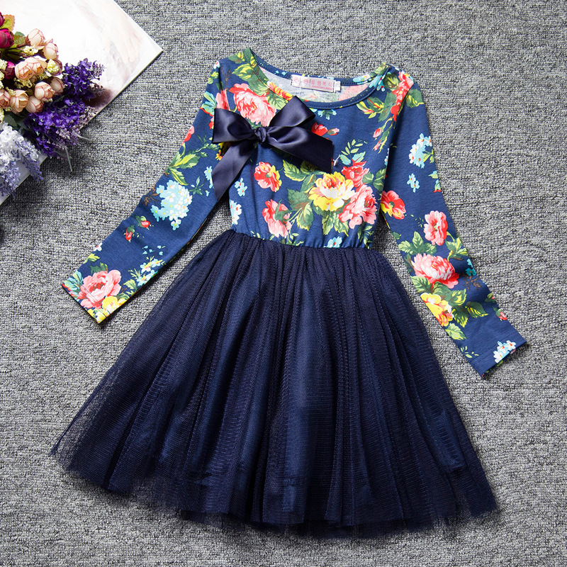 Elegant Toddler Princess Dresses Children Girls Long Sleeve Tutu Floral Print Kids Clothing 3-8 Years
