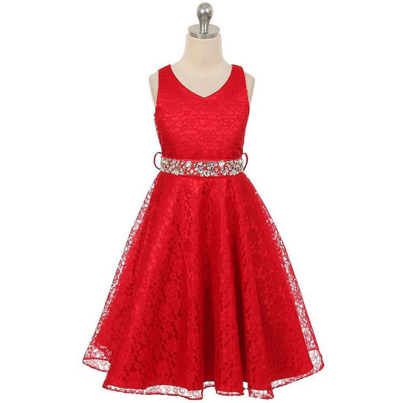 Lace Flower Girls Dress Children Clothing Beaded Party Princess Baby Kids Prom Party Dress Teen Costume red