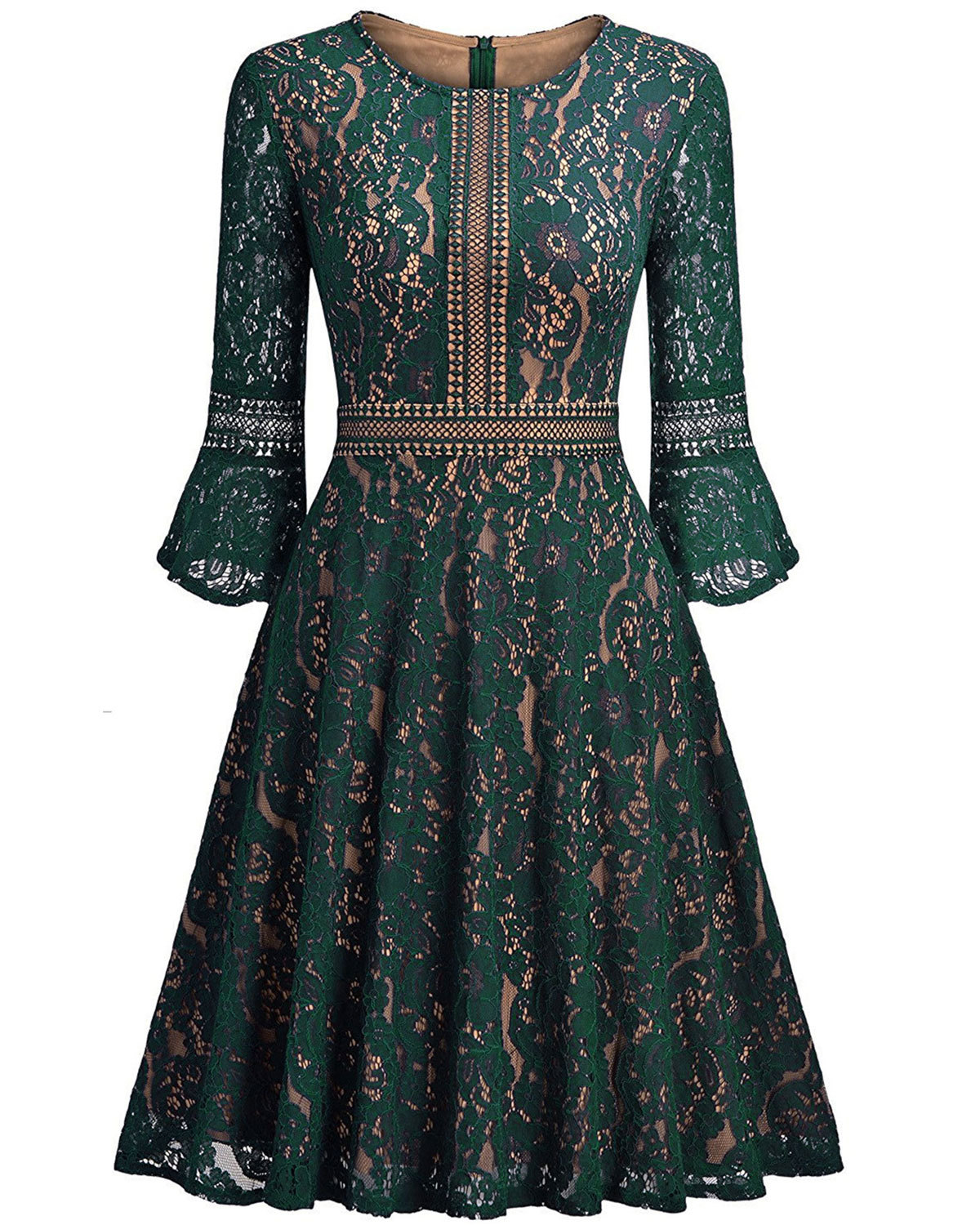 Vintage Floral Lace Dress Casual Women 3/4 Flare Sleeve Short Cocktail Evening Party Wear Big Swing Dress hunter green
