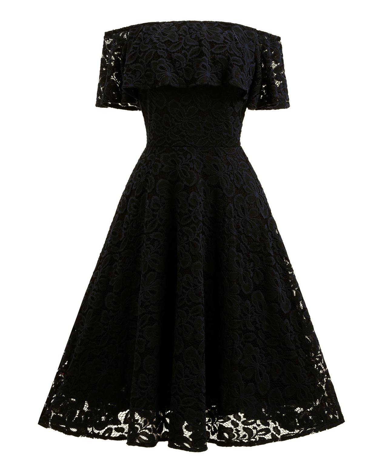 Women Ruffles Lace Dress Off the Shoulder Cocktail Party Gown Female Vintage Big Swing A Line Dress black