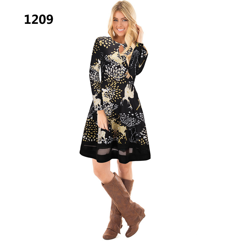 Women Christmas Floral Print Dress Long Sleeve O-Neck Mesh Patchwork Hollow Out A Line Party Dress 1209