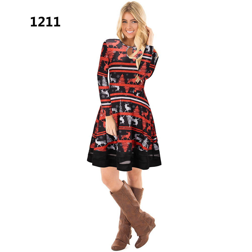 Women Christmas Floral Print Dress Long Sleeve O-Neck Mesh Patchwork Hollow Out A Line Party Dress 1211