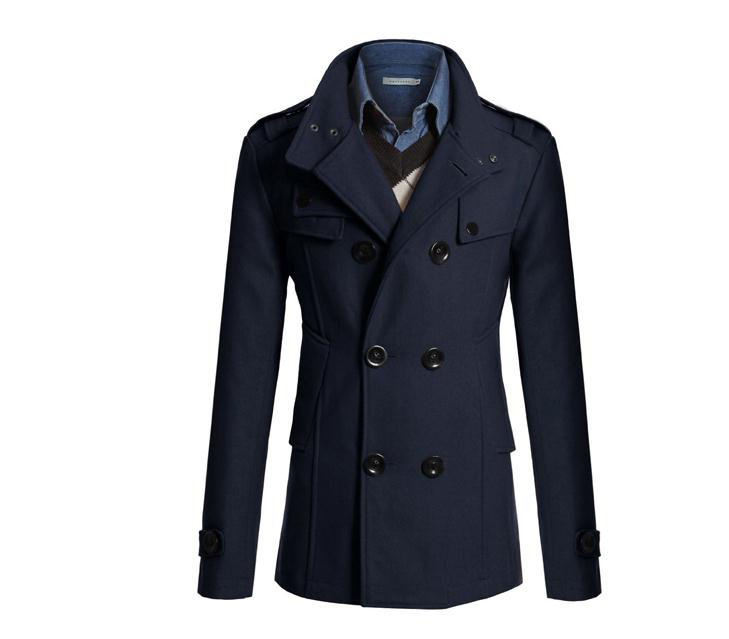 Men Woolen Coat Warm Thick Double Breasted Stand Collar Windbreaker Casual Outwear Overcoat Business Parkas navy blue