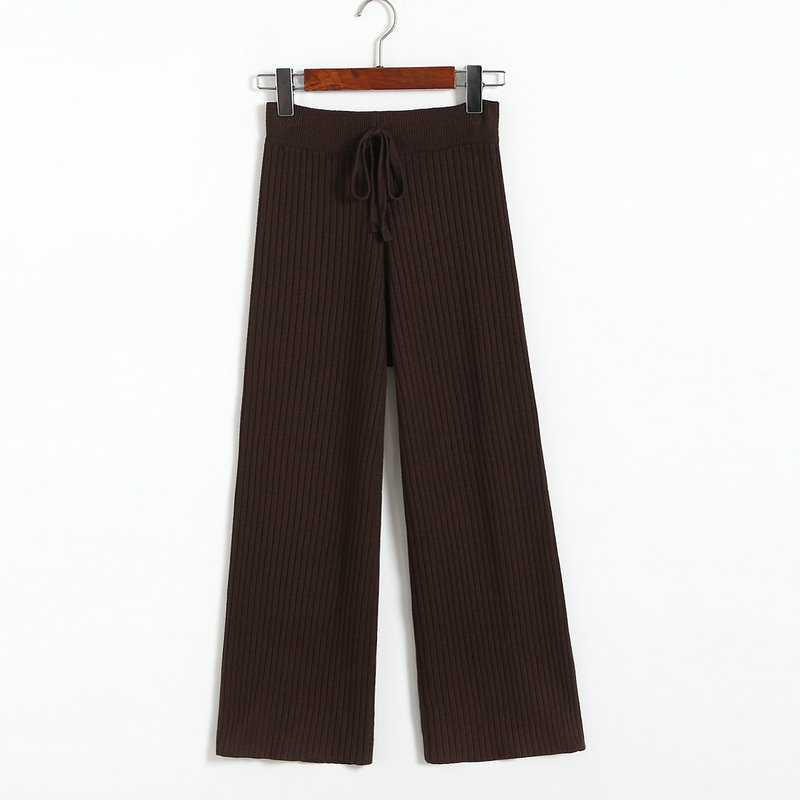 Women Loose Pants High Waist Long Wid-Leg Pants Streetwear Casual Drawstring Female Knitted Trousers dark brown