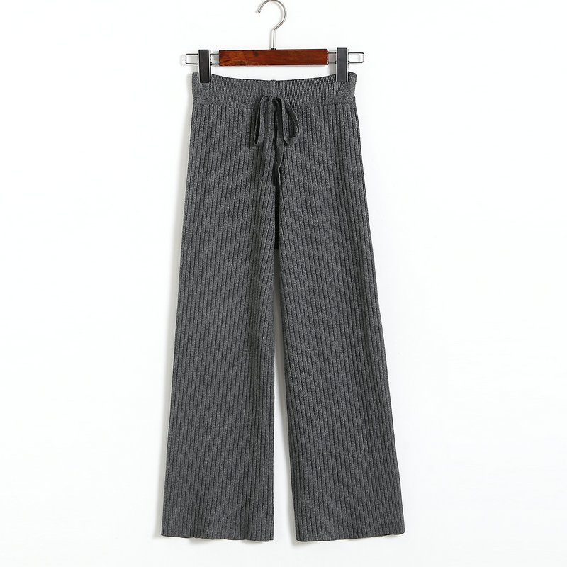 Women Loose Pants High Waist Long Wid-Leg Pants Streetwear Casual Drawstring Female Knitted Trousers gray