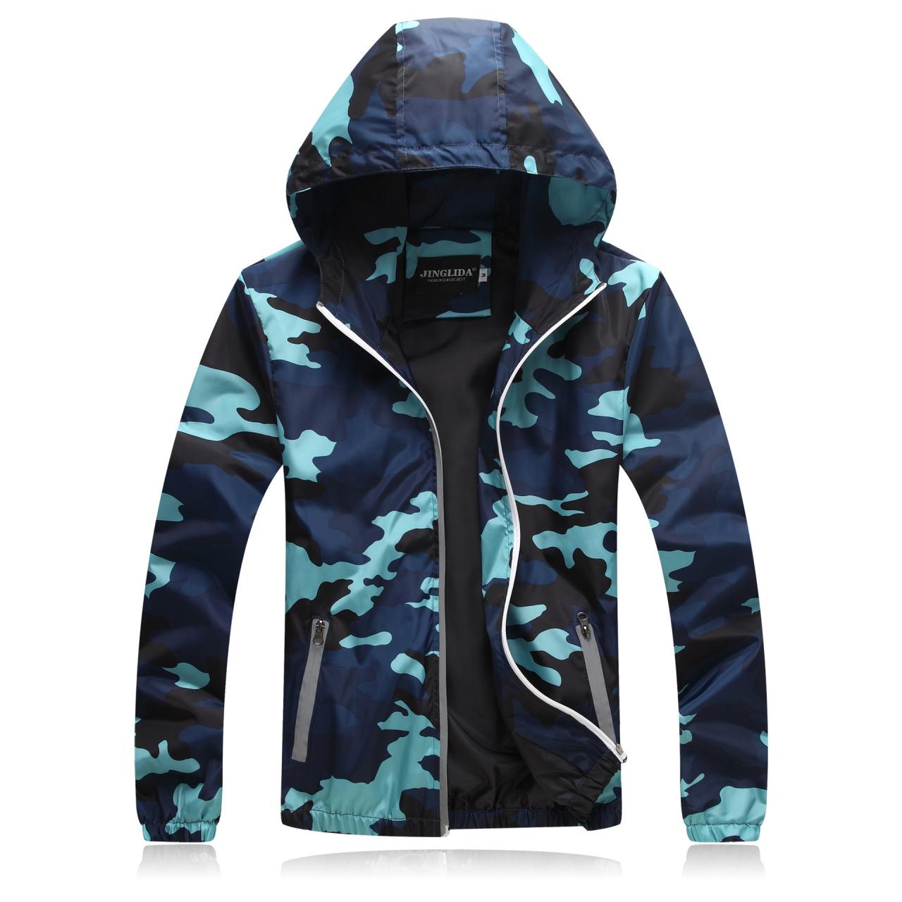 Unisex Men Women Coats Casual Hooded Camouflage Jackets Outerwear Waterproof Spring Autumn Windbreaker blue