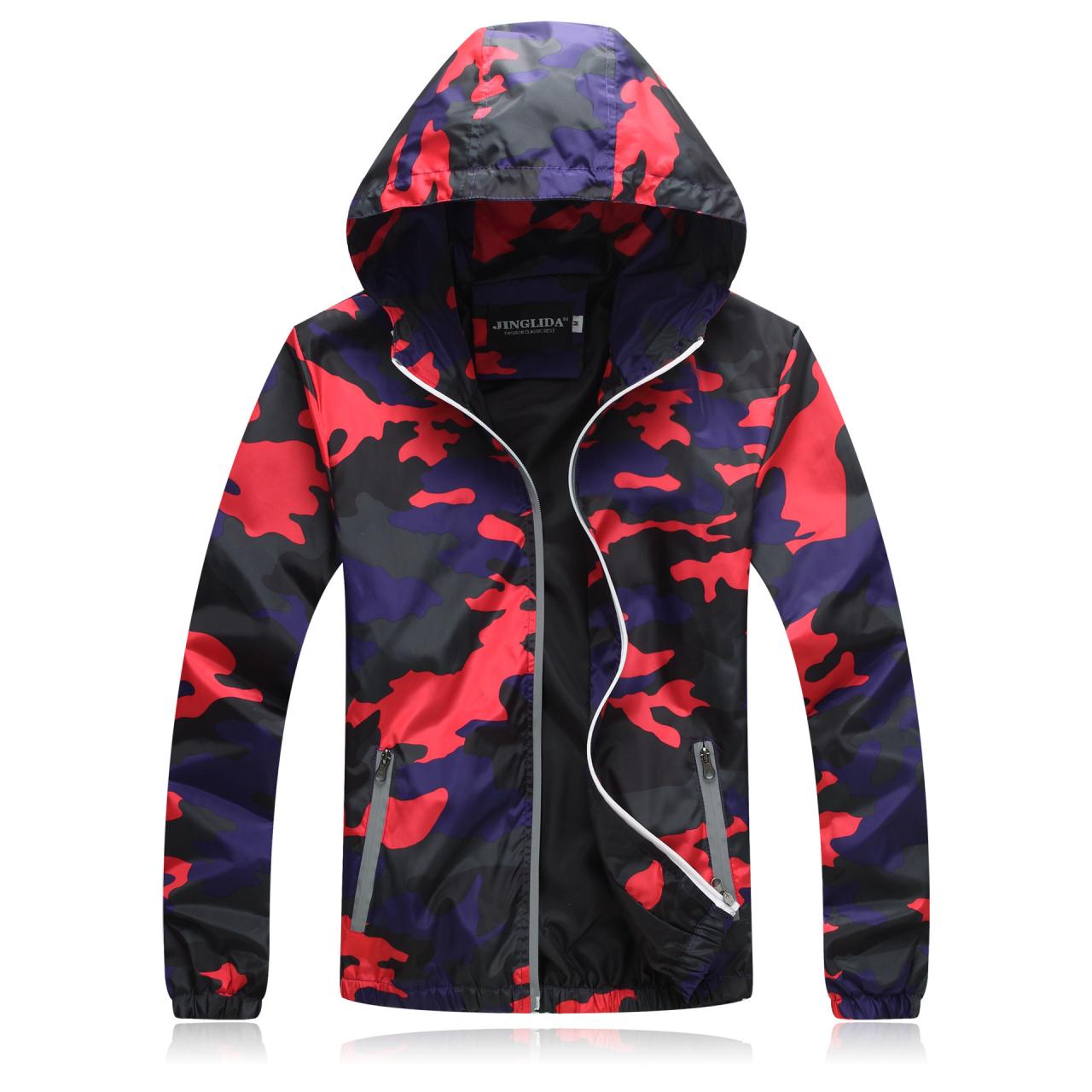 Unisex Men Women Coats Casual Hooded Camouflage Jackets Outerwear Waterproof Spring Autumn Windbreaker red