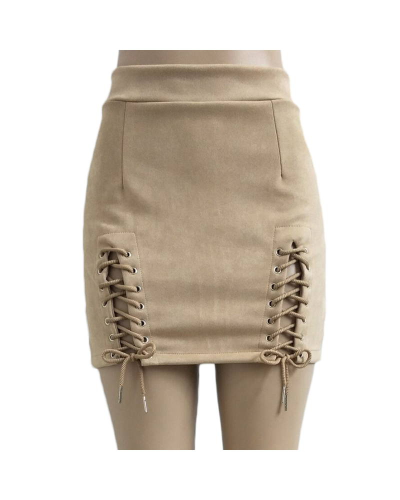 Women Faux Suede Mini Skirt Classic Sexy Bandage High Waist Lace Up Bodycon Short Pencil Skirt Apricot