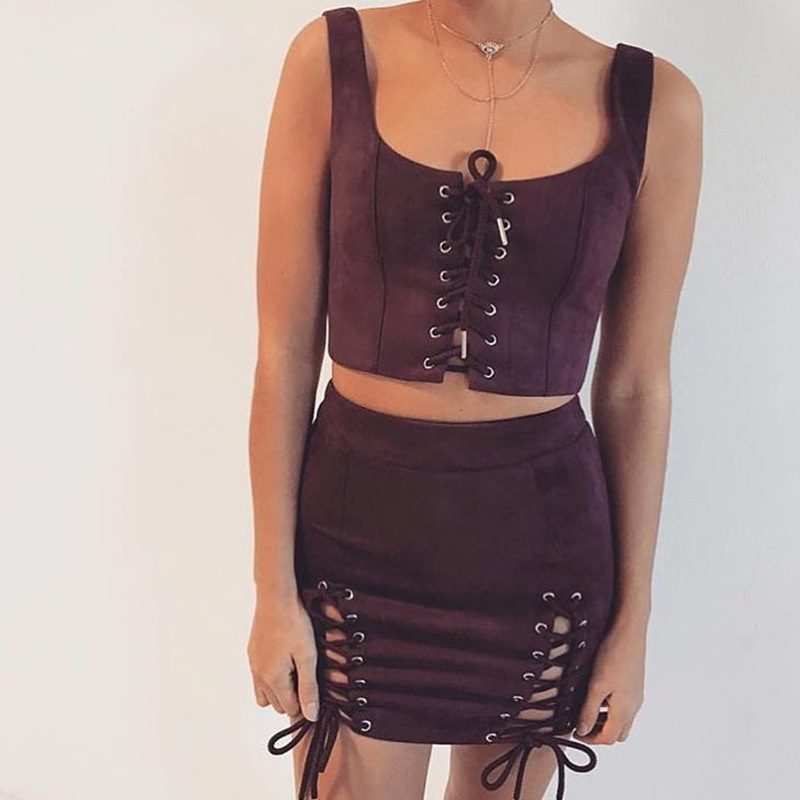 Women Faux Suede Mini Skirt Classic Sexy Bandage High Waist Lace Up Bodycon Short Pencil Skirt burgundy