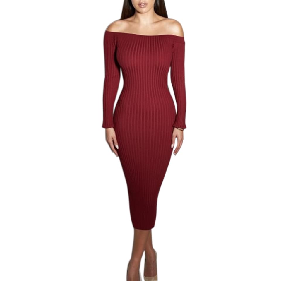 red ribbed long sleeve dress