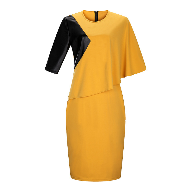 Women Bodycon Pencil Dress Cloak Sleeve Patchwork Faux Leather Plus Size Party Dress yellow