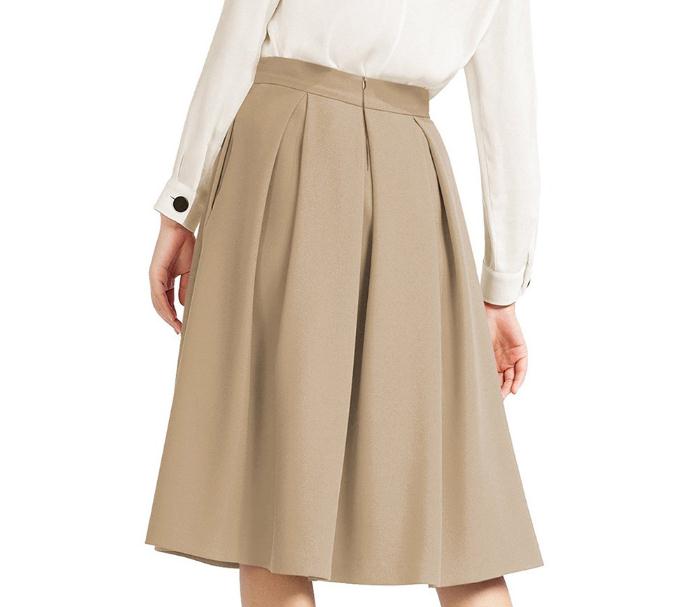 Khaki High Rise Pleated A-Line Knee Length Skirt Featuring Pockets on ...