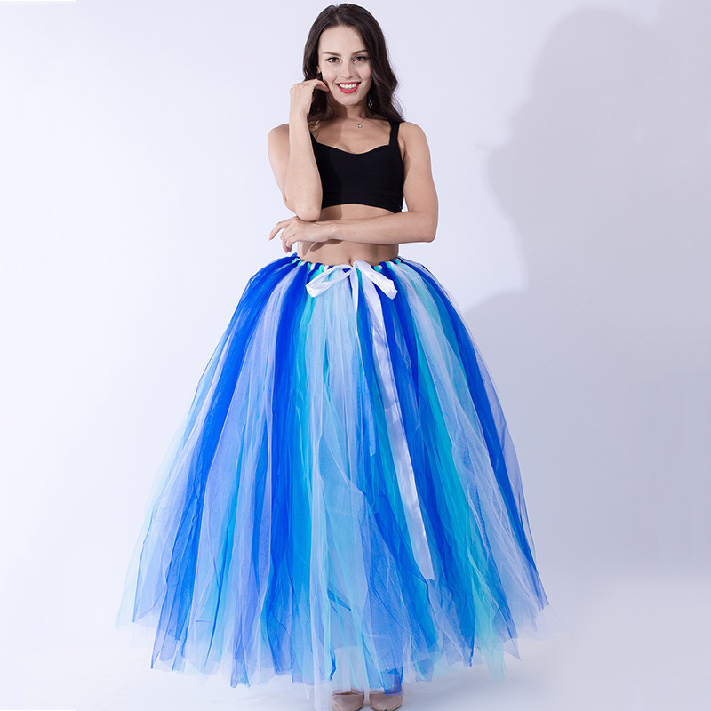 Puffty Women Tulle Tutu Skirt High Waist Lace up Jupe Female Prom Party Bridesmaid Skirts royal blue+mint+white