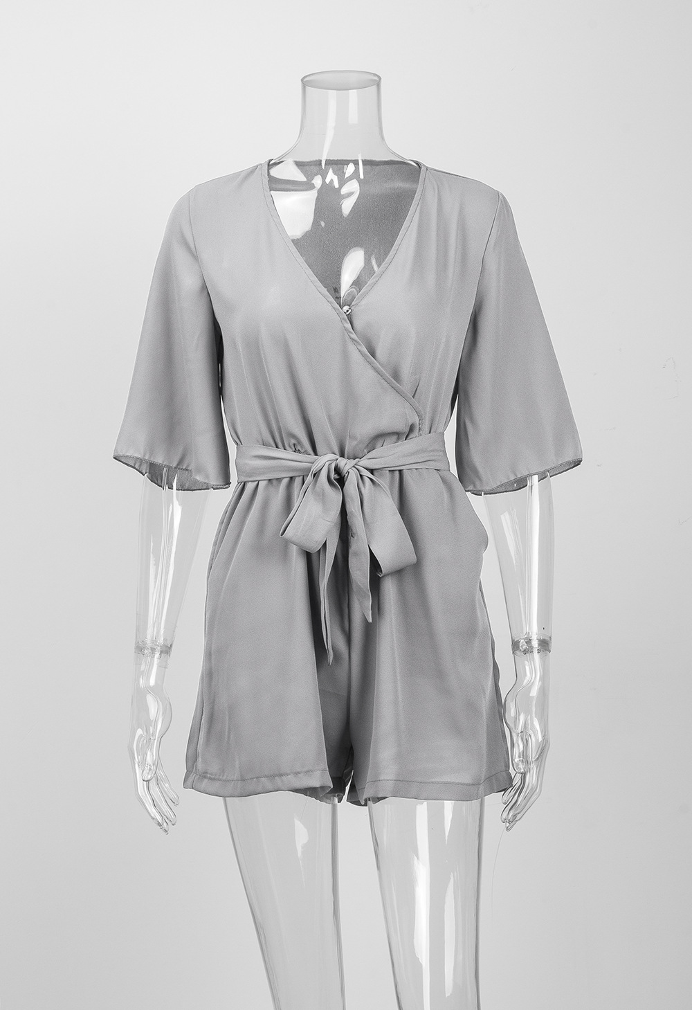 Grey Chiffon Plunge V Half Sleeves Romper Featuring Bow Accent Tie Belt 