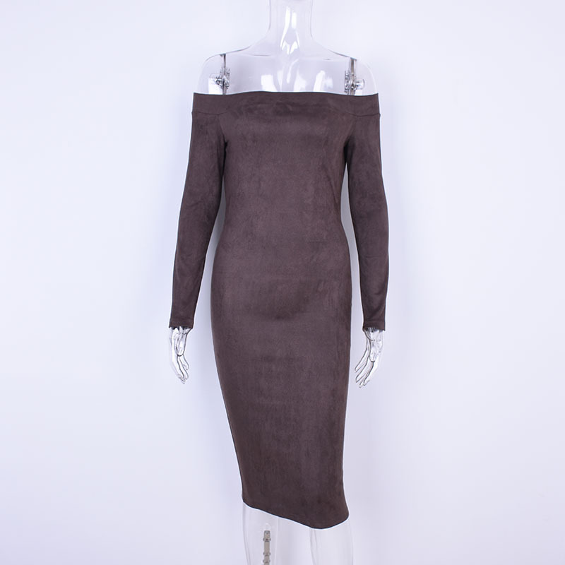  Women Suede Dress Sexy Bodycon Party Long Sleeve Off The Shoulder Club Pencil Dress khaki