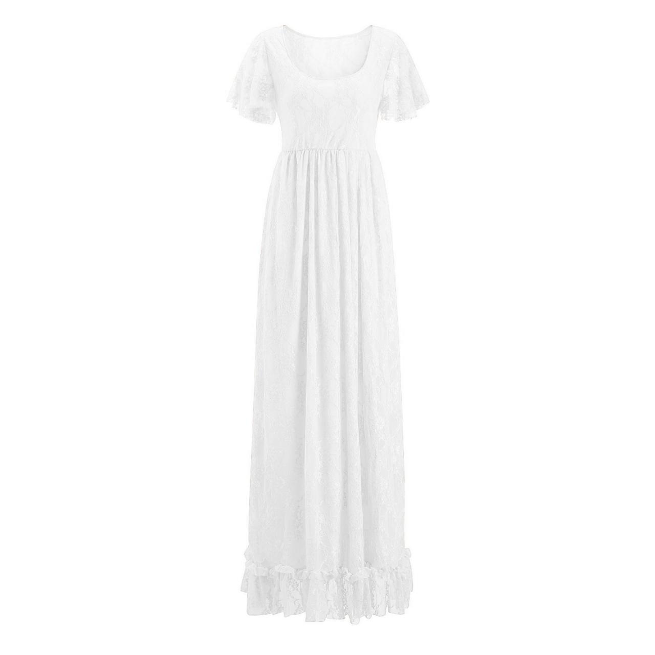Long Lace Pregnant Dress Women Casual Ruffles Short Sleeve Evening Party Maxi Maternal Pregnancy Dress Off White