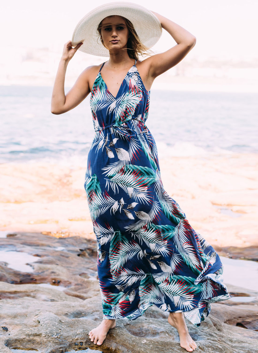 Bohemian Dress V Neck Spaghetti Strap Leaves Printed Women Summer Beach Maxi Dress3#