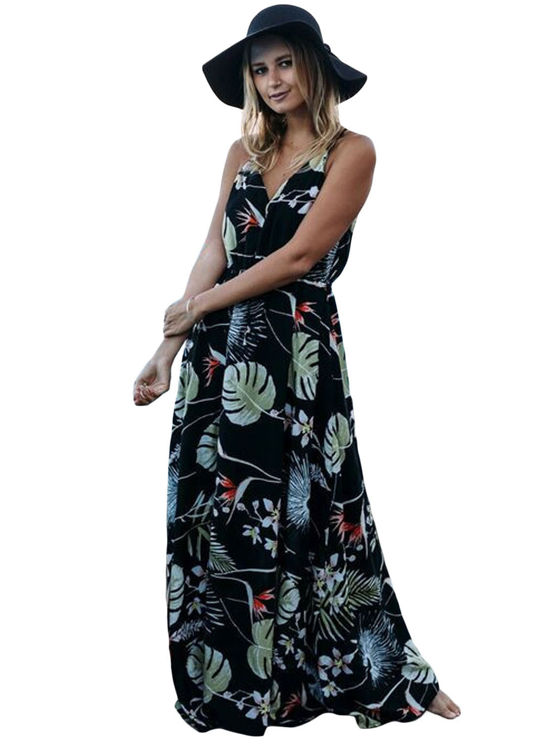 Bohemian Dress V Neck Spaghetti Strap Leaves Printed Women Summer Beach Maxi Dress5#
