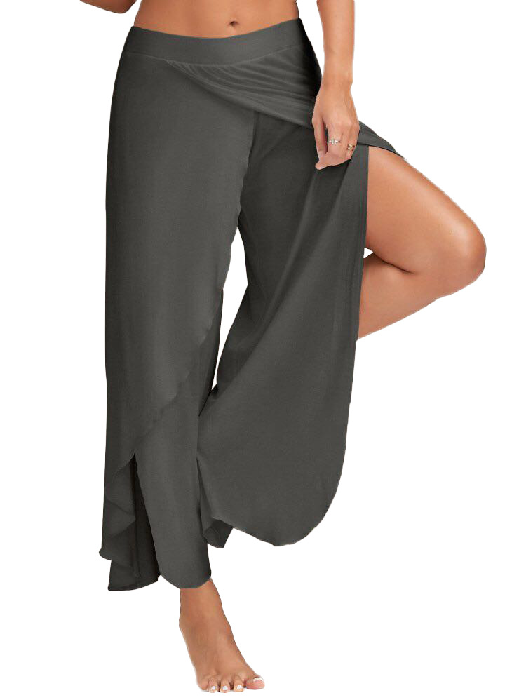 1 Piece Women High Split Trousers Female Loose Yoga Sport Wide Leg Pants dark gray