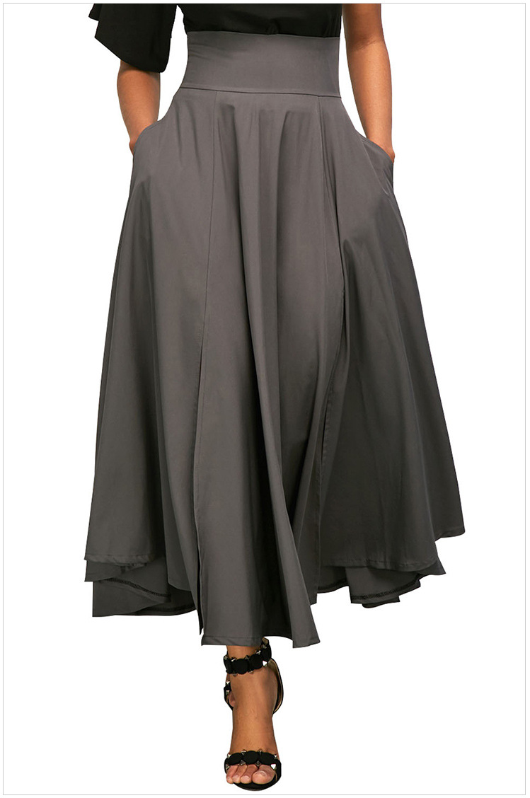 Womens Solid Long Maxi Skirt High Waist Pockets Pleated Swing