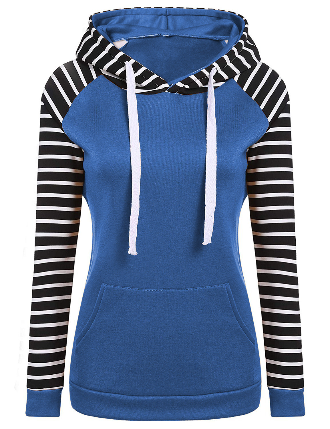 Spring Autumn Striped Fleece Hoodies Women Long Sleeve Pullover Streetwear Hooded Sweatshirt Blue
